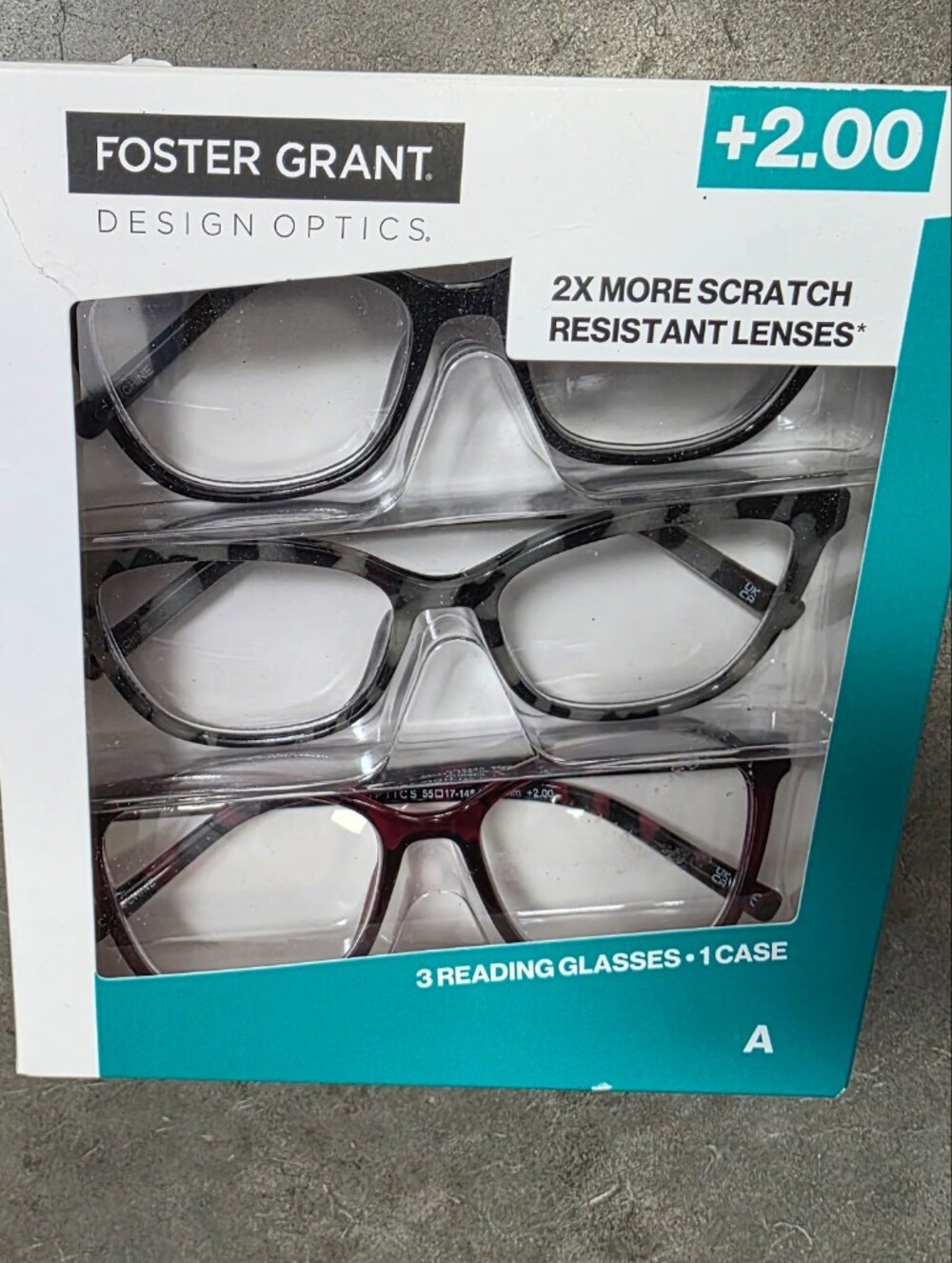 Foster Grant +2.00 Reading Glasses 3-Pack in Black and Burgundy